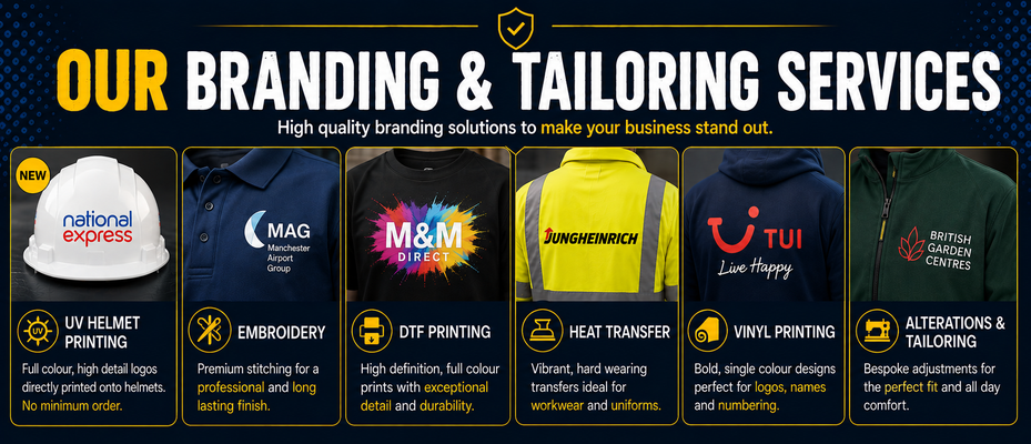 Workwear embroidery DTF printing UV helmet printing and personalisation services