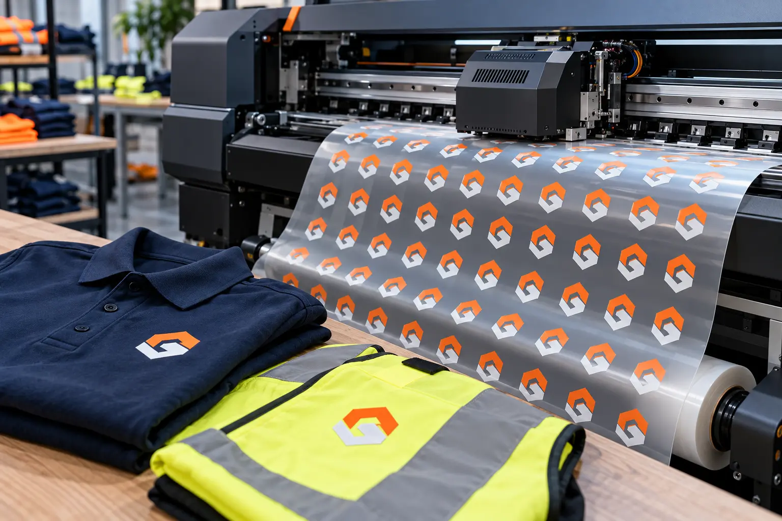 Direct-to-film printer producing workwear logo transfers