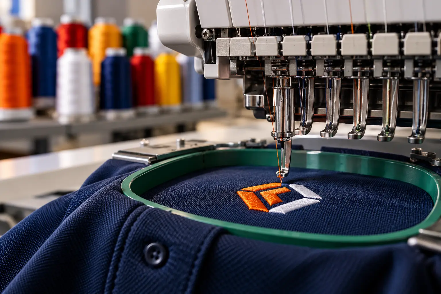 Embroidery machine stitching a logo onto navy workwear
