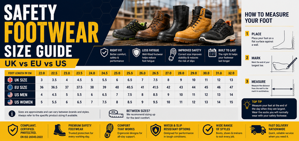 EU US UK Safety Footwear Size Guide
