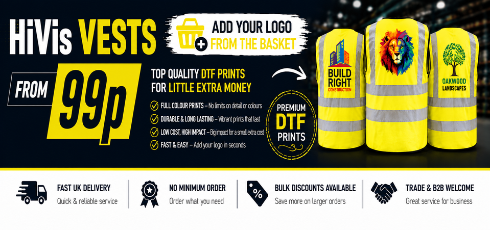 HiVis Vests from 99p - Add your logo with professional DTF printing
